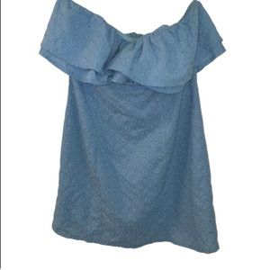 Strapless blue dress with floral details